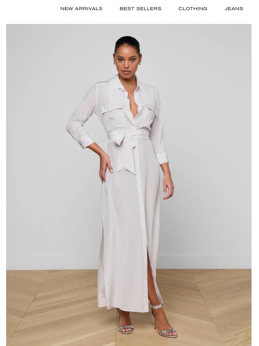 L'AGENCE Cream Shirt Maxi Dress with Tiny Dot Print
